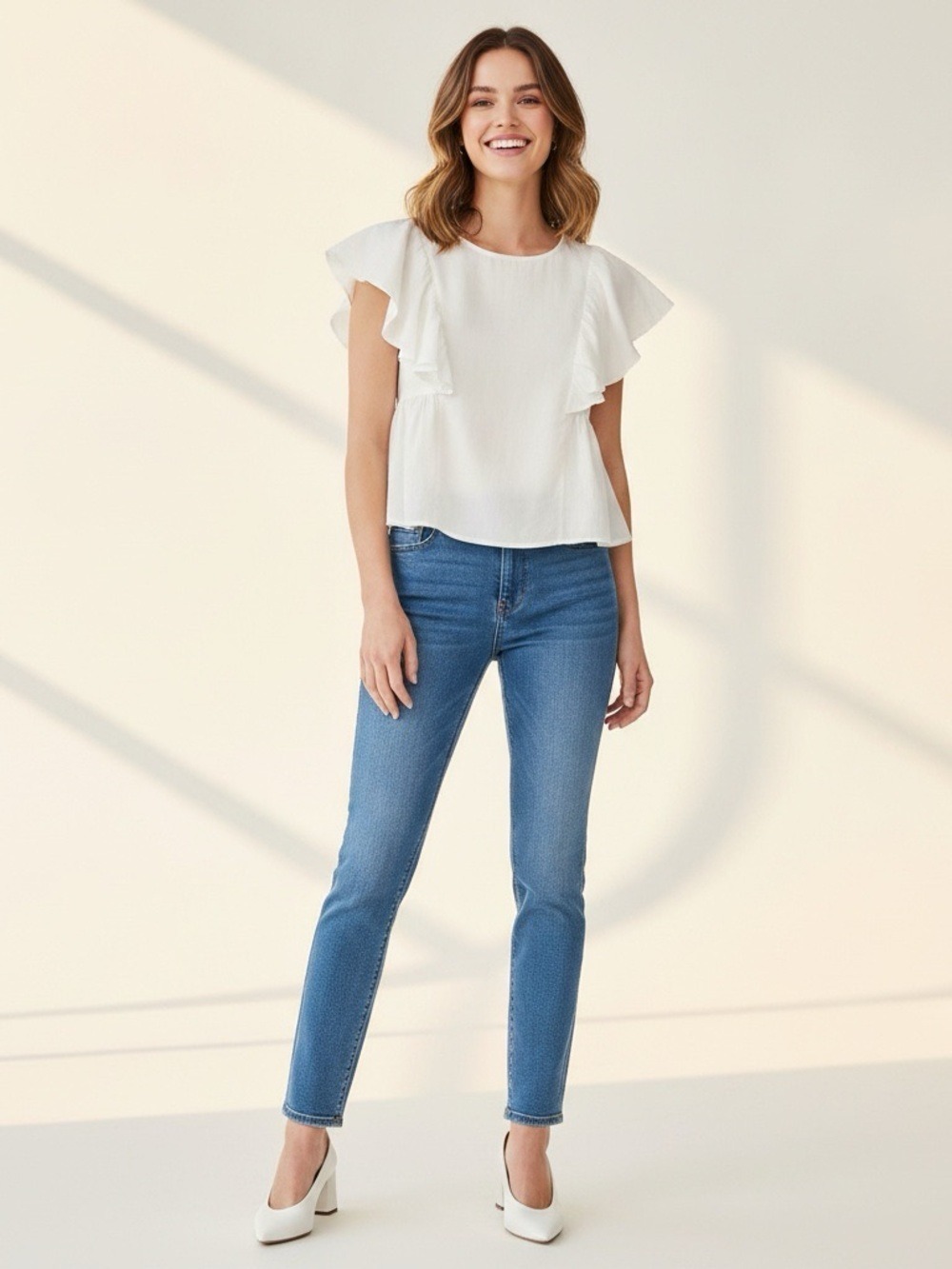 Wildfox Cream Ruffle Flutter Sleeve Cotton Peplum Top M Boho Coquette